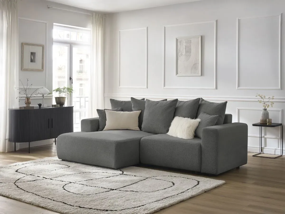 Canapé d'angle convertible coffre ATILLA tissu chiné gris foncé  angle gauche BOBOCHIC 3 places