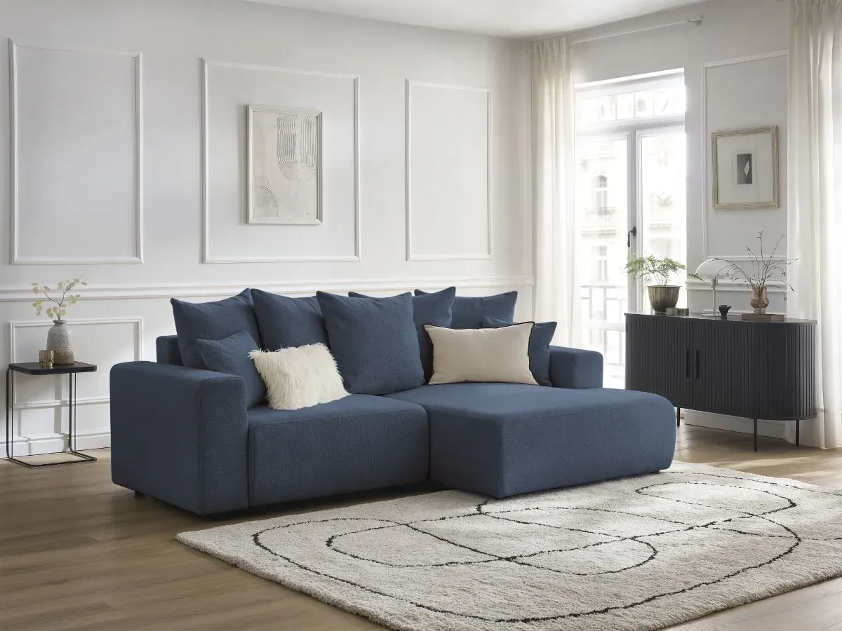 Canapé d'angle convertible coffre ATILLA tissu chiné bleu  angle droit BOBOCHIC 3 places