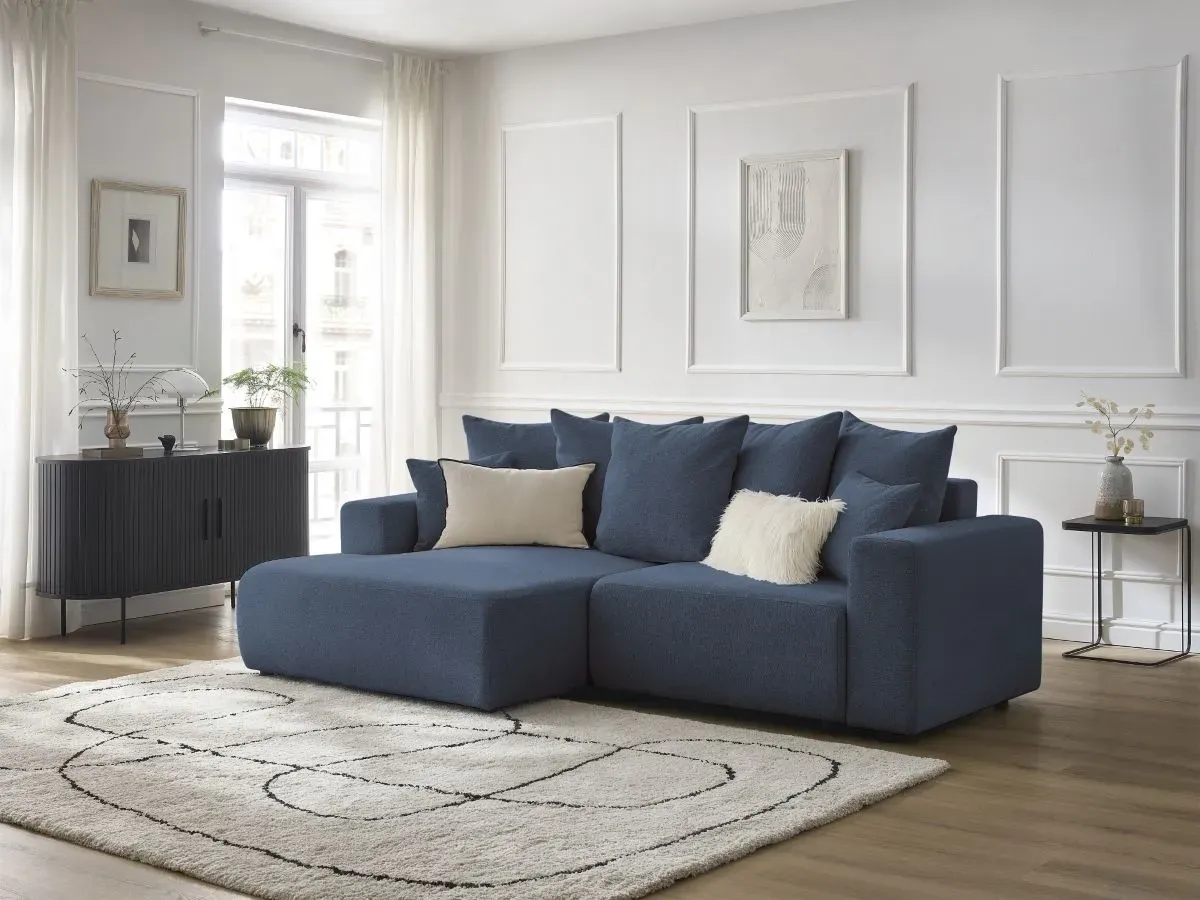 Canapé d'angle convertible coffre ATILLA tissu chiné bleu  angle gauche BOBOCHIC 3 places