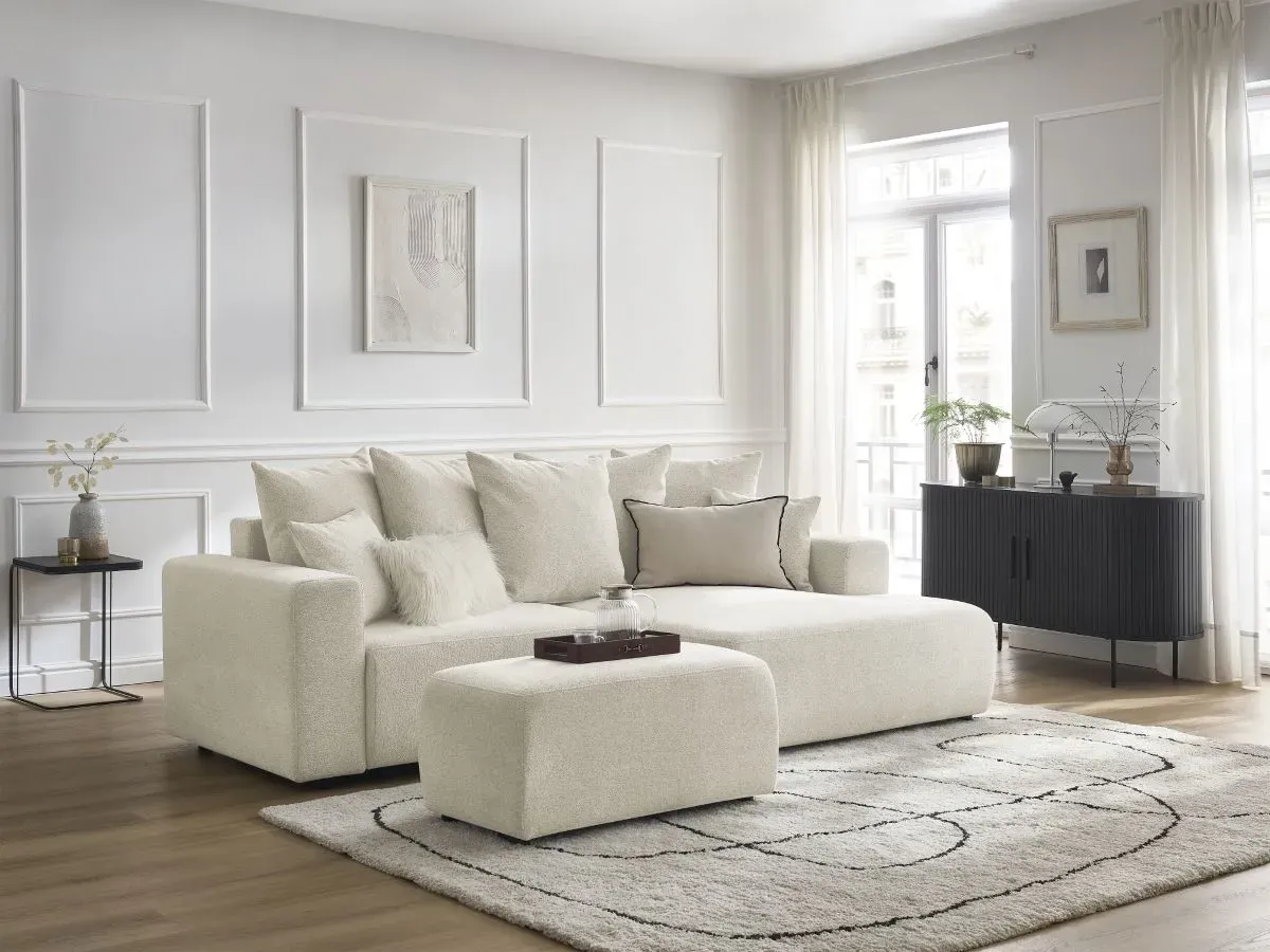 Canapé d'angle convertible coffre ATILLA tissu chiné avec pouf blanc  angle droit BOBOCHIC 5 places