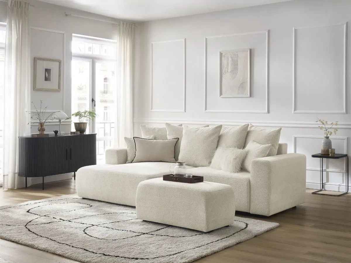 Canapé d'angle convertible coffre ATILLA tissu chiné avec pouf blanc  angle gauche BOBOCHIC 5 places