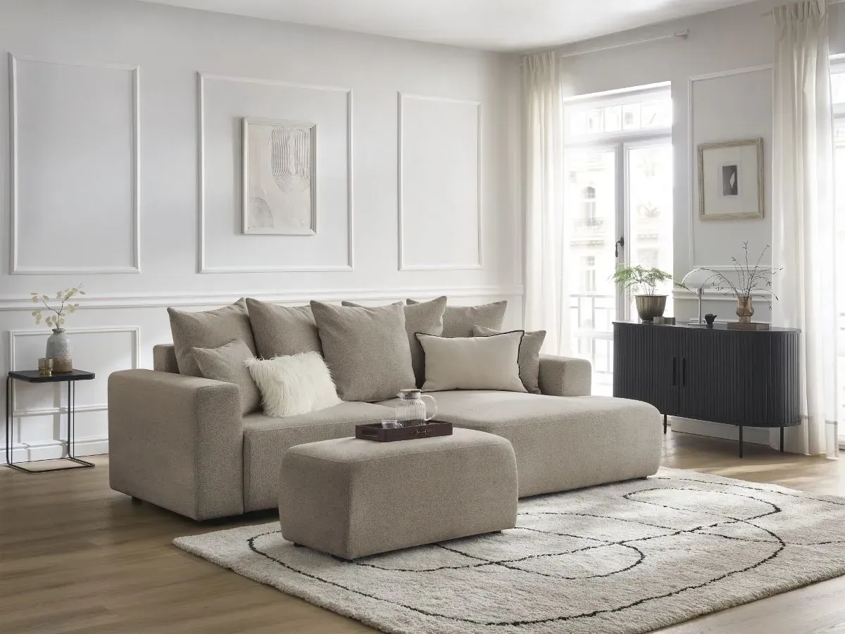 Canapé d'angle convertible coffre ATILLA tissu chiné avec pouf taupe  angle droit BOBOCHIC 5 places