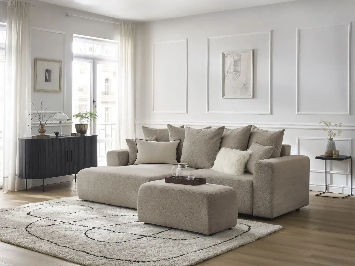 Canapé d'angle convertible coffre ATILLA tissu chiné avec pouf taupe  angle gauche BOBOCHIC 5 places