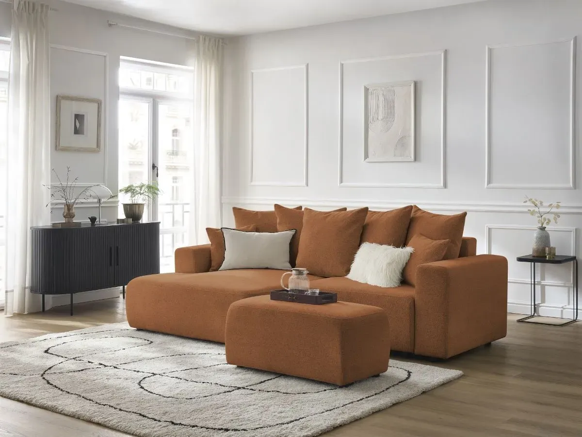 Canapé d'angle convertible coffre ATILLA tissu chiné avec pouf orange  angle gauche BOBOCHIC 5 places