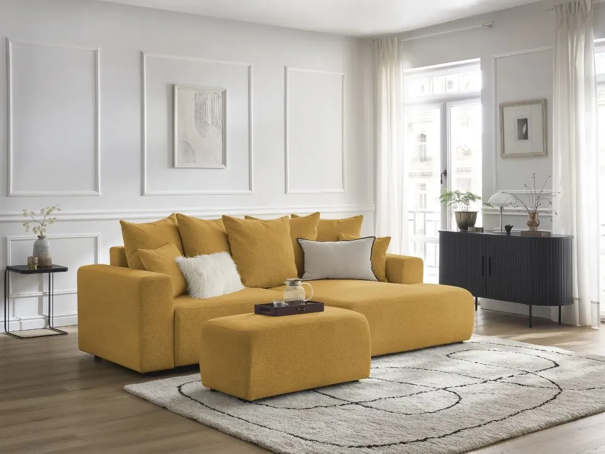 Canapé d'angle convertible coffre ATILLA tissu chiné avec pouf jaune  angle droit BOBOCHIC 5 places