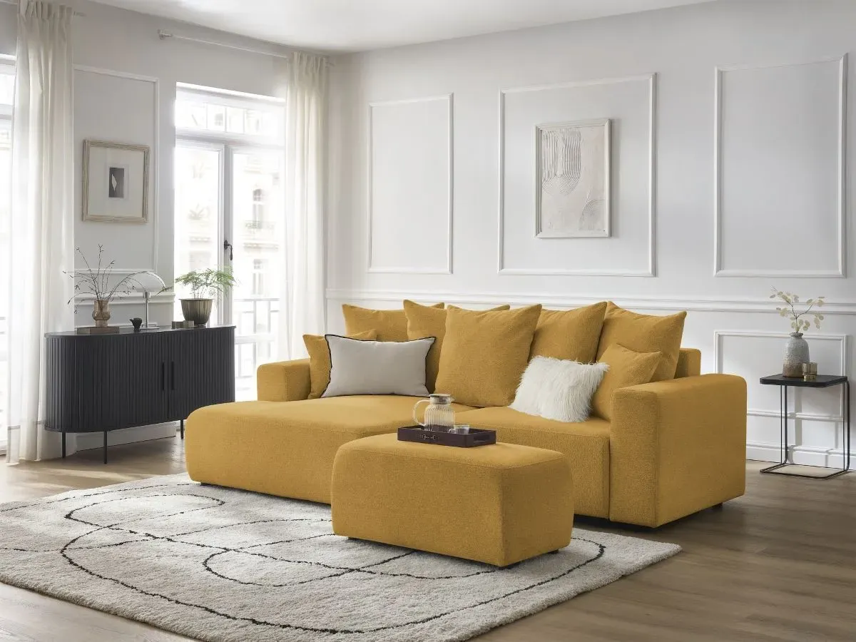 Canapé d'angle convertible coffre ATILLA tissu chiné avec pouf jaune  angle gauche BOBOCHIC 5 places