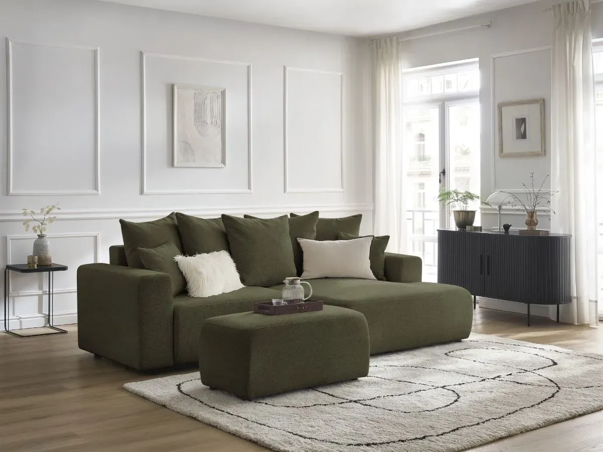 Canapé d'angle convertible coffre ATILLA tissu chiné avec pouf vert  angle droit BOBOCHIC 5 places