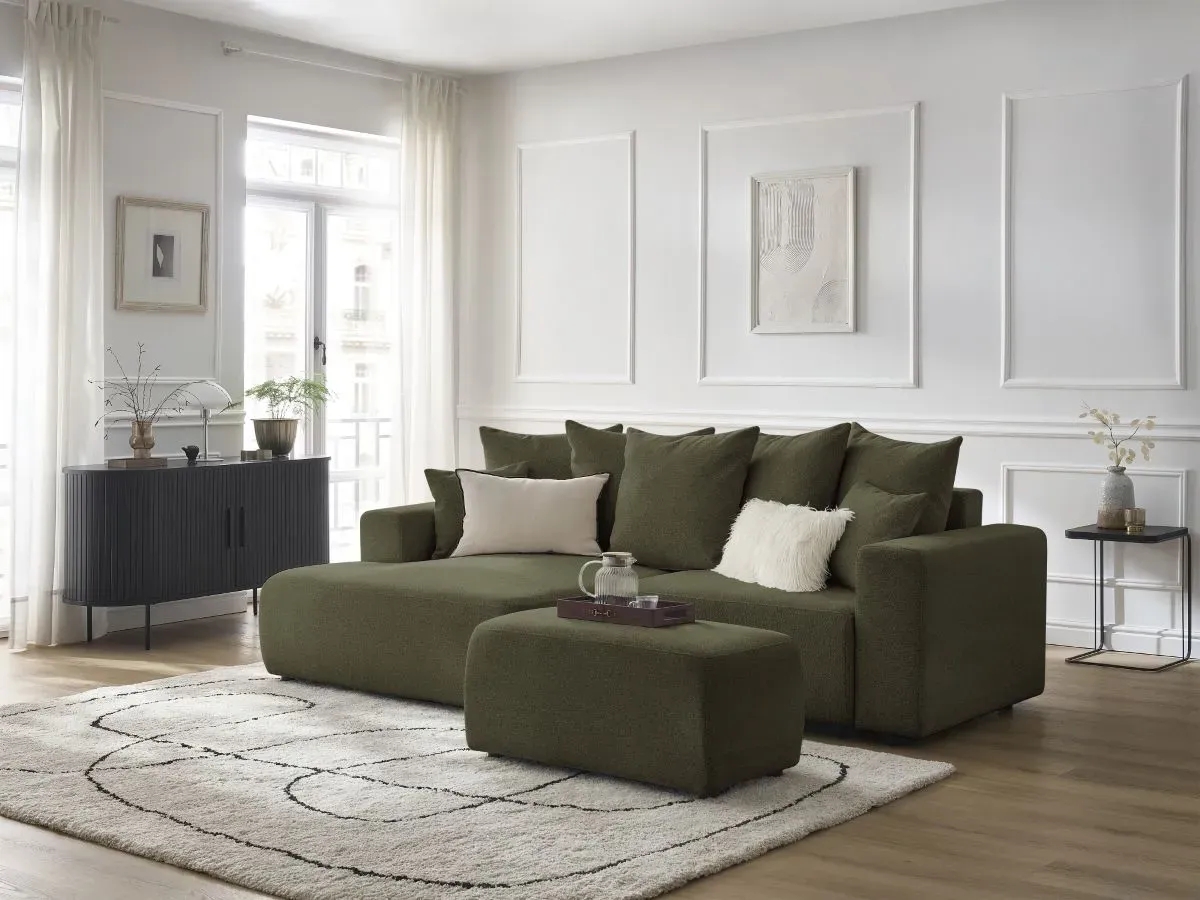 Canapé d'angle convertible coffre ATILLA tissu chiné avec pouf vert  angle gauche BOBOCHIC 5 places