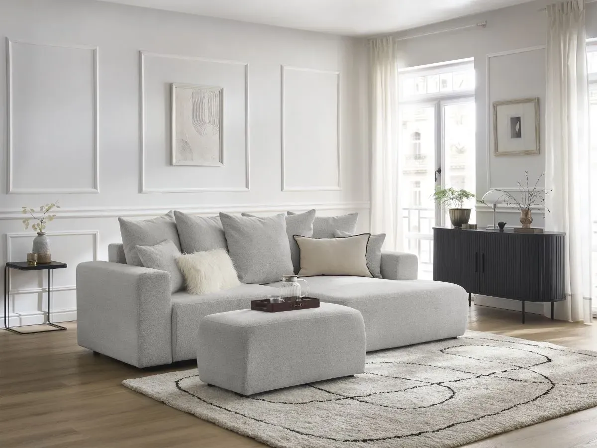 Canapé d'angle convertible coffre ATILLA tissu chiné avec pouf gris clair  angle droit BOBOCHIC 5 places