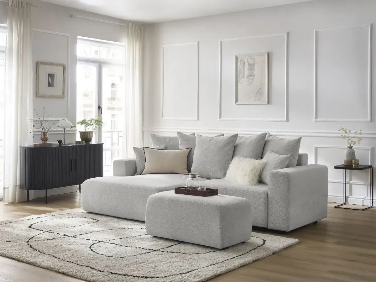 Canapé d'angle convertible coffre ATILLA tissu chiné avec pouf gris clair  angle gauche BOBOCHIC 5 places