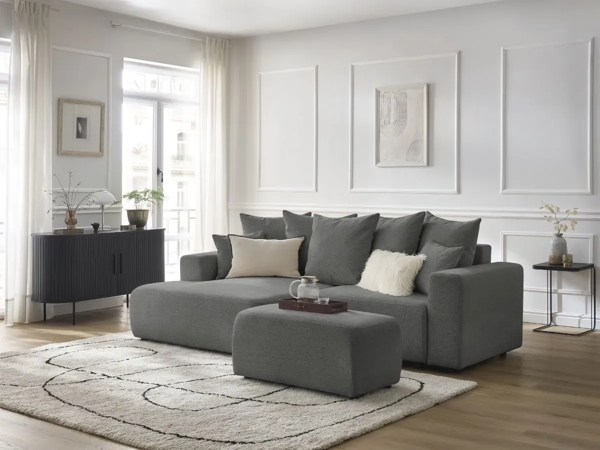 Canapé d'angle convertible coffre ATILLA tissu chiné avec pouf gris foncé  angle gauche BOBOCHIC 5 places