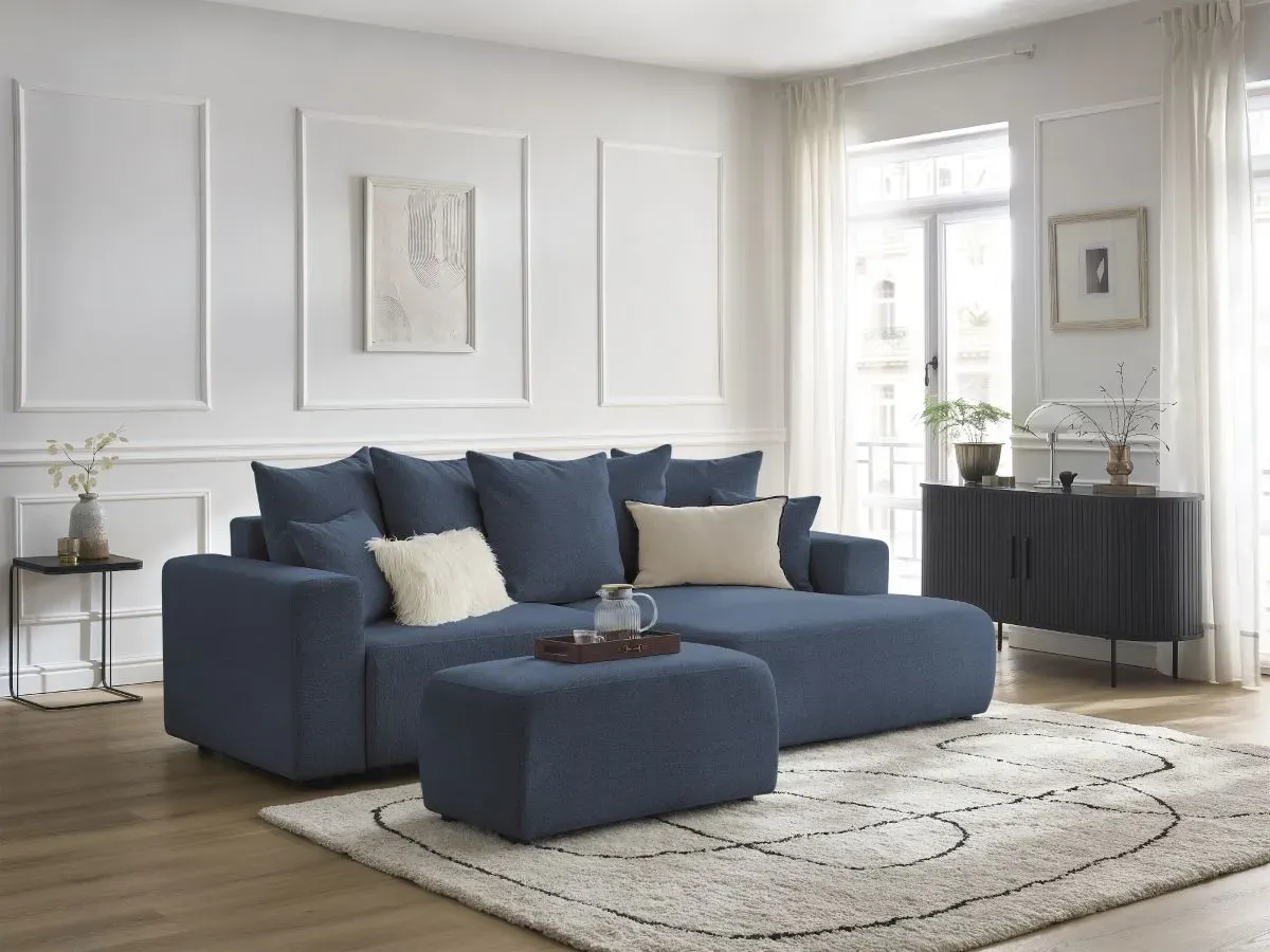 Canapé d'angle convertible coffre ATILLA tissu chiné avec pouf bleu  angle droit BOBOCHIC 5 places
