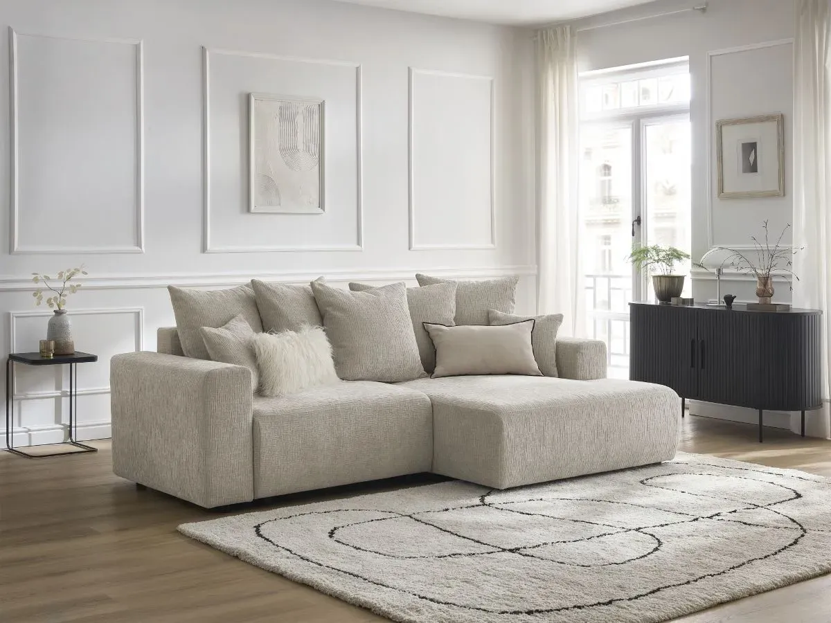 Canapé d'angle convertible coffre ATILLA tissu texturé beige  angle droit BOBOCHIC 4 places
