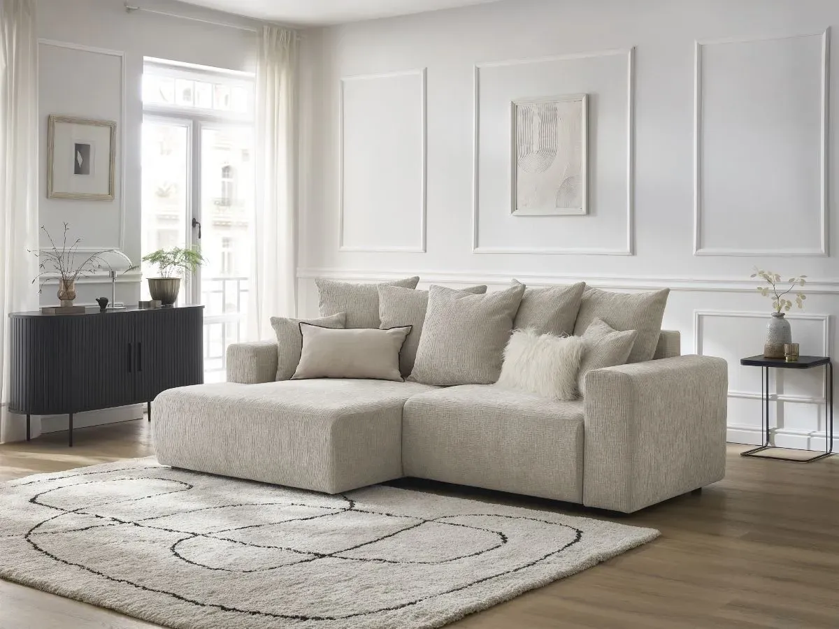 Canapé d'angle convertible coffre ATILLA tissu texturé beige  angle gauche BOBOCHIC 4 places