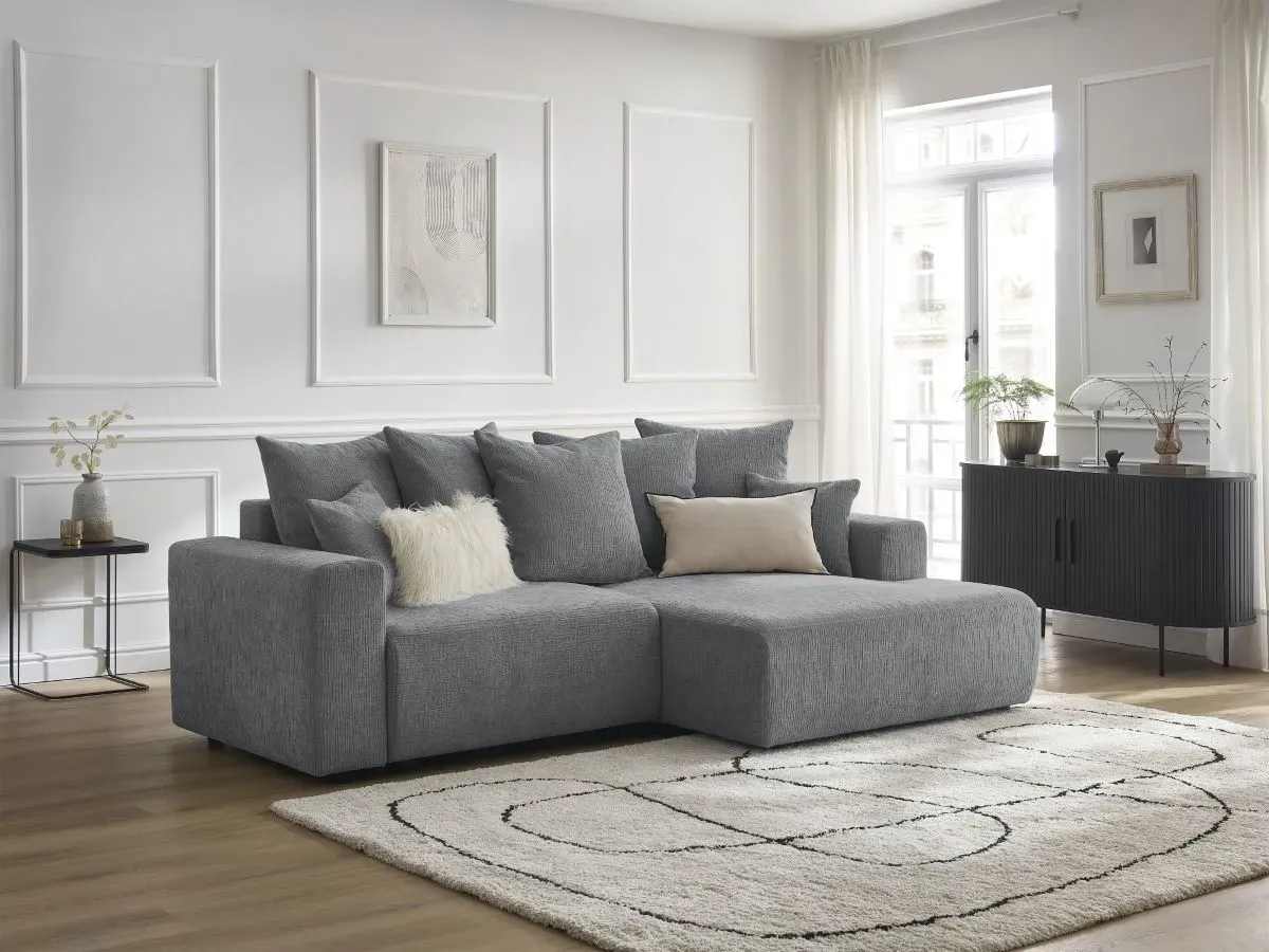 Canapé d'angle convertible coffre ATILLA tissu texturé gris foncé  angle droit BOBOCHIC 4 places