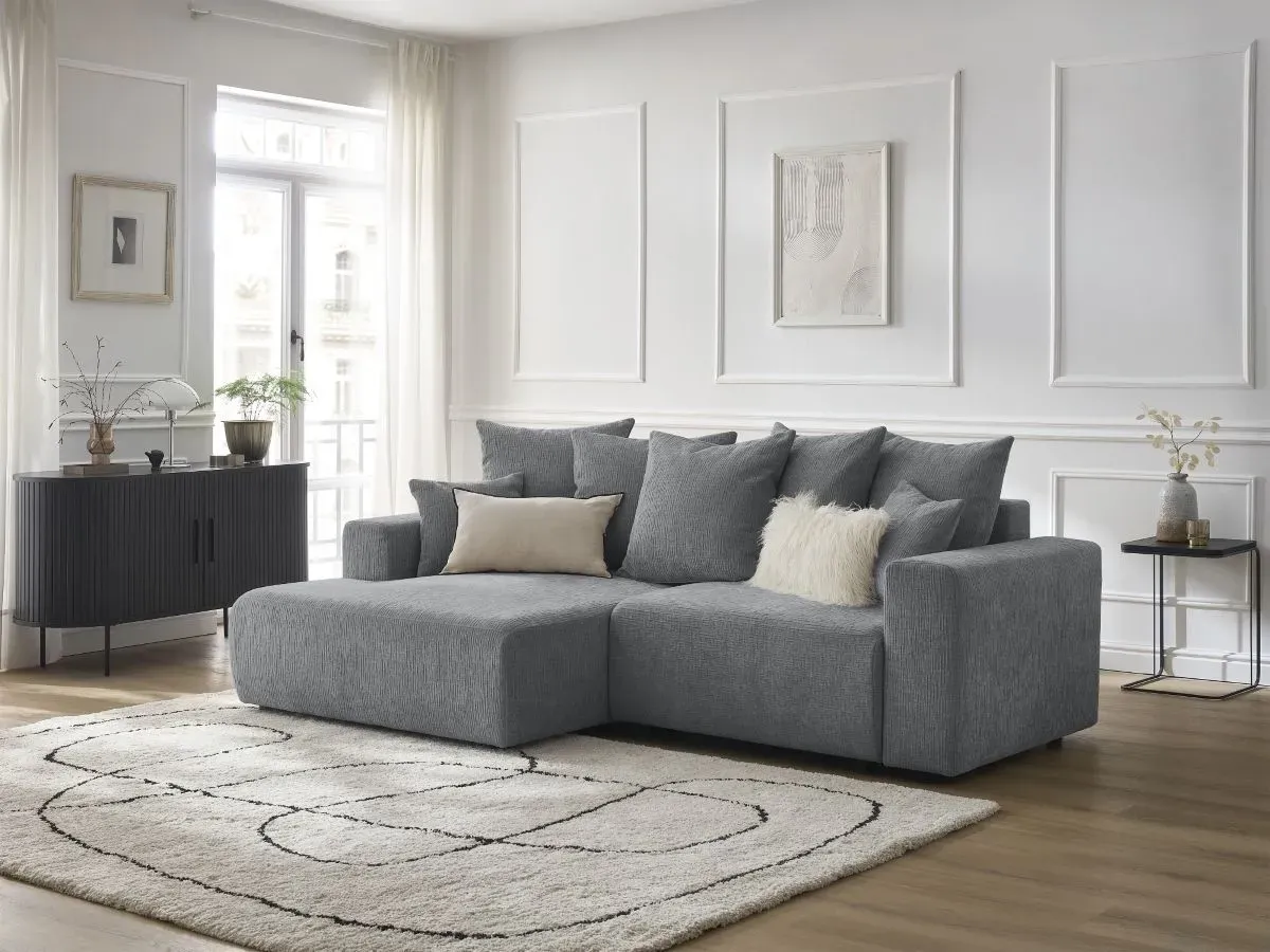 Canapé d'angle convertible coffre ATILLA tissu texturé gris foncé  angle gauche BOBOCHIC 4 places