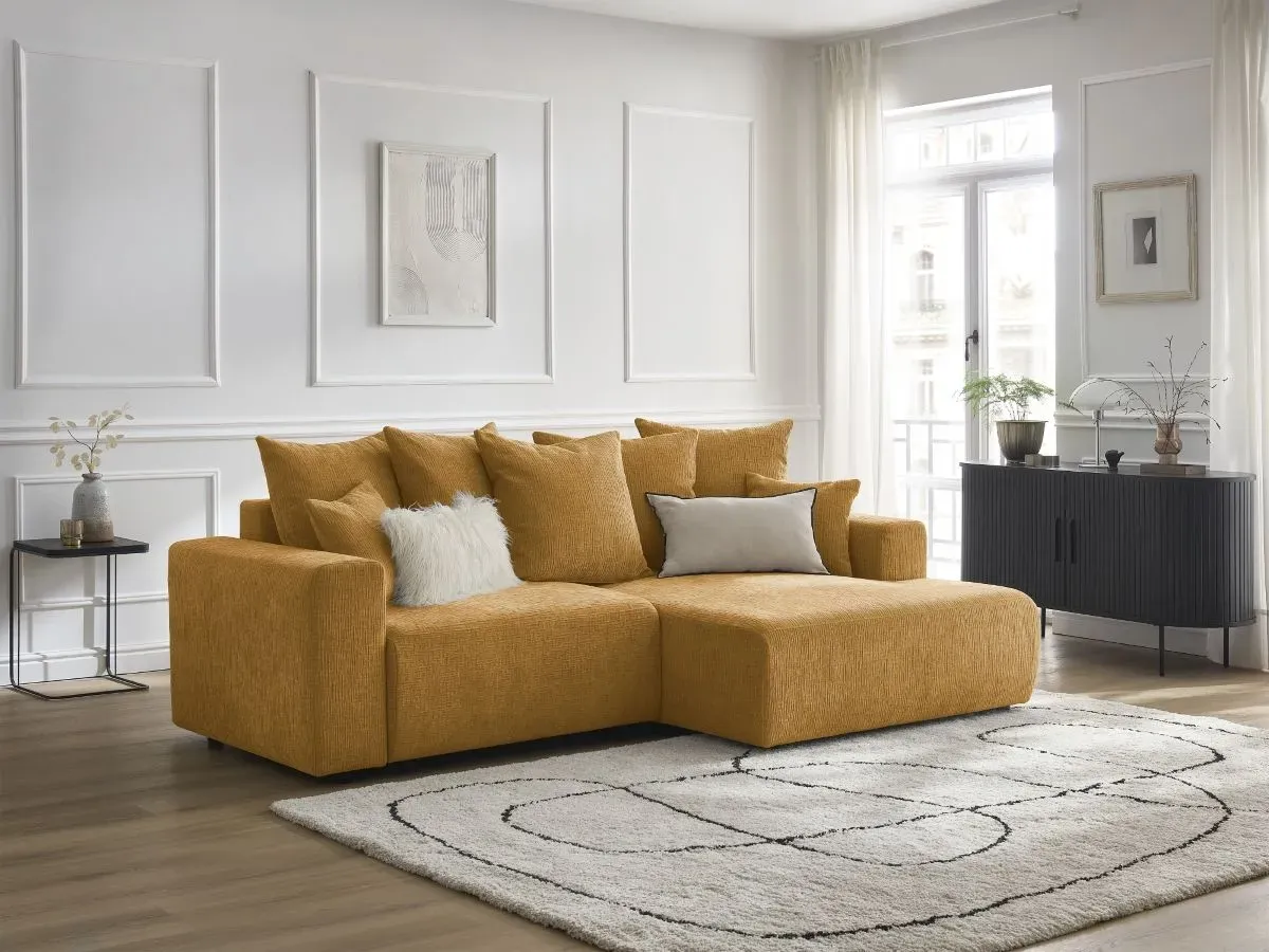 Canapé d'angle convertible coffre ATILLA tissu texturé jaune  angle droit BOBOCHIC 4 places