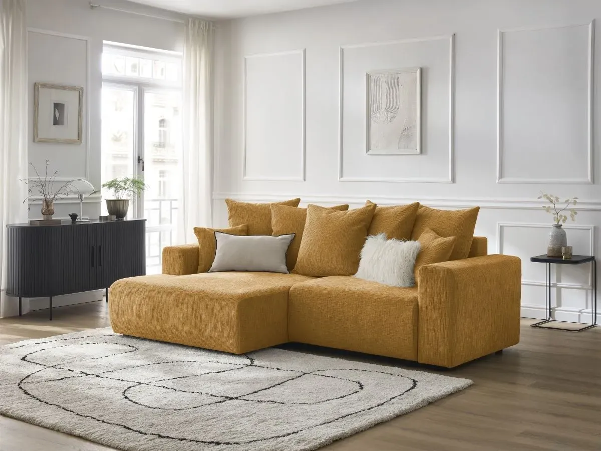 Canapé d'angle convertible coffre ATILLA tissu texturé jaune  angle gauche BOBOCHIC 4 places