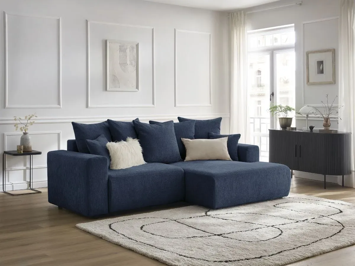 Canapé d'angle convertible coffre ATILLA tissu texturé bleu foncé  angle droit BOBOCHIC 4 places