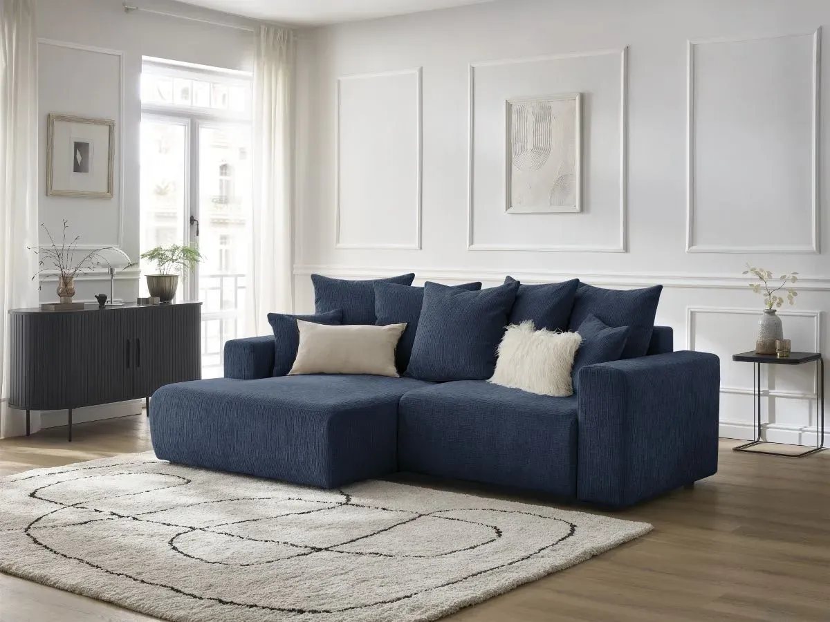 Canapé d'angle convertible coffre ATILLA tissu texturé bleu foncé  angle gauche BOBOCHIC 4 places