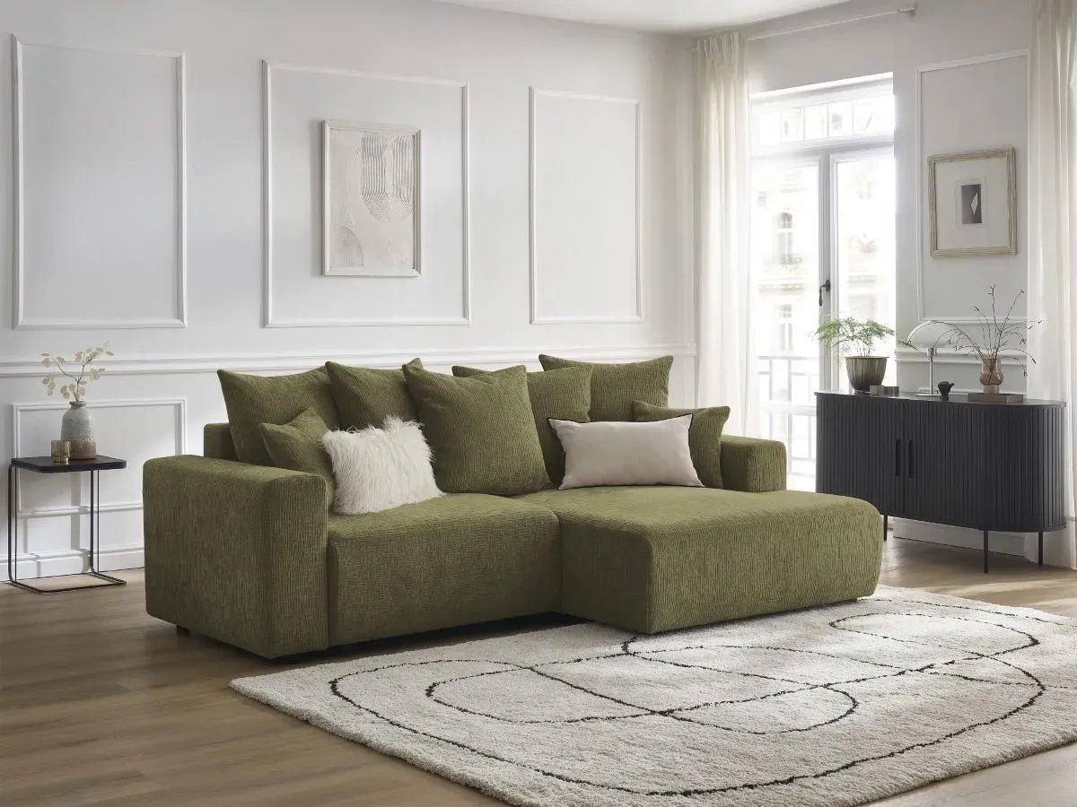 Canapé d'angle convertible coffre ATILLA tissu texturé vert  angle droit BOBOCHIC 4 places