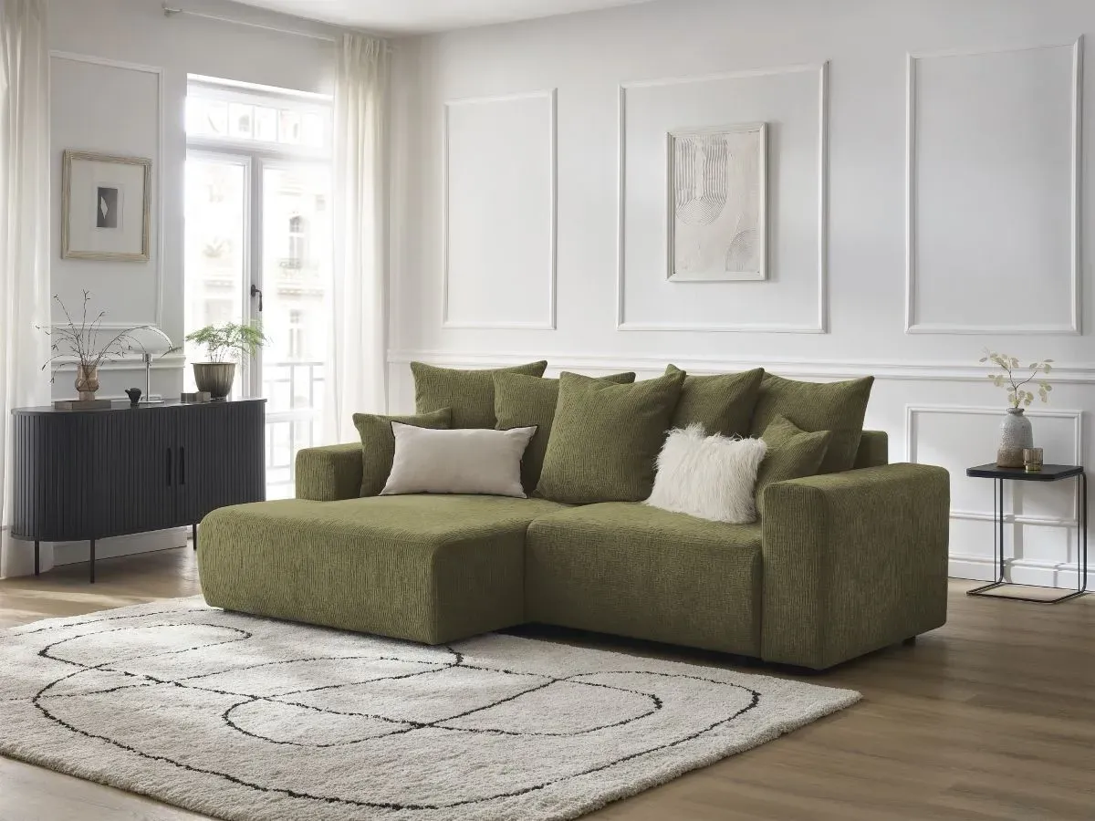 Canapé d'angle convertible coffre ATILLA tissu texturé vert  angle gauche BOBOCHIC 4 places