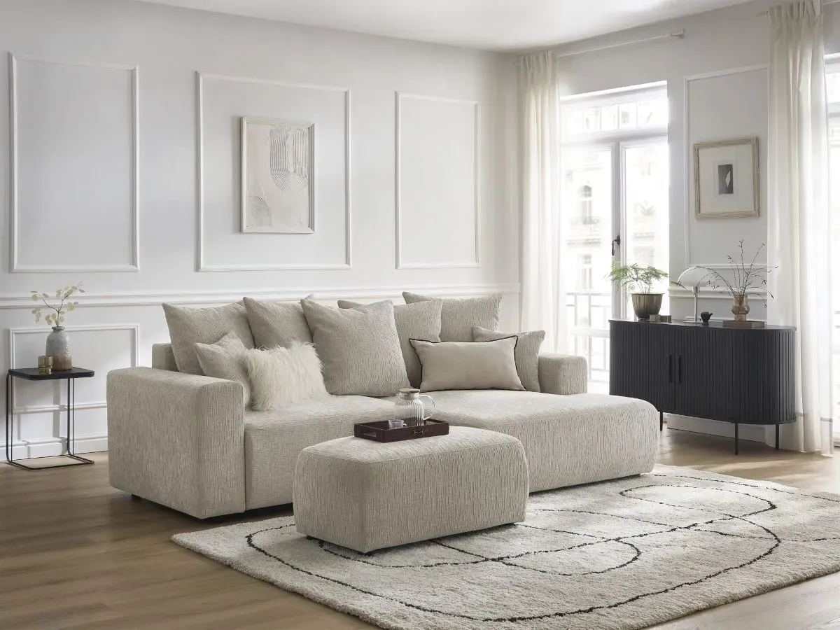 Canapé d'angle convertible coffre ATILLA tissu texturé avec pouf beige  angle droit BOBOCHIC 5 places