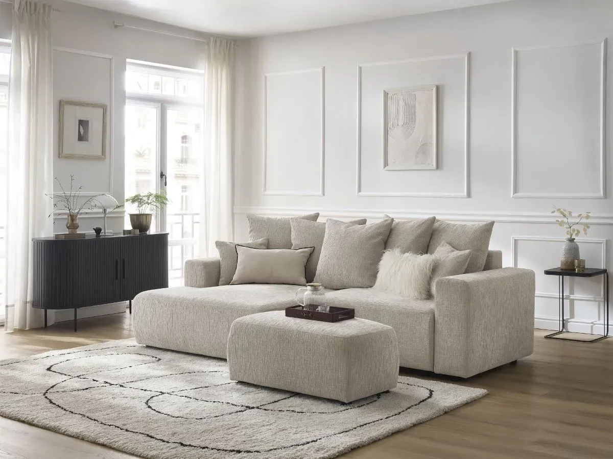 Canapé d'angle convertible coffre ATILLA tissu texturé avec pouf beige  angle gauche BOBOCHIC 5 places