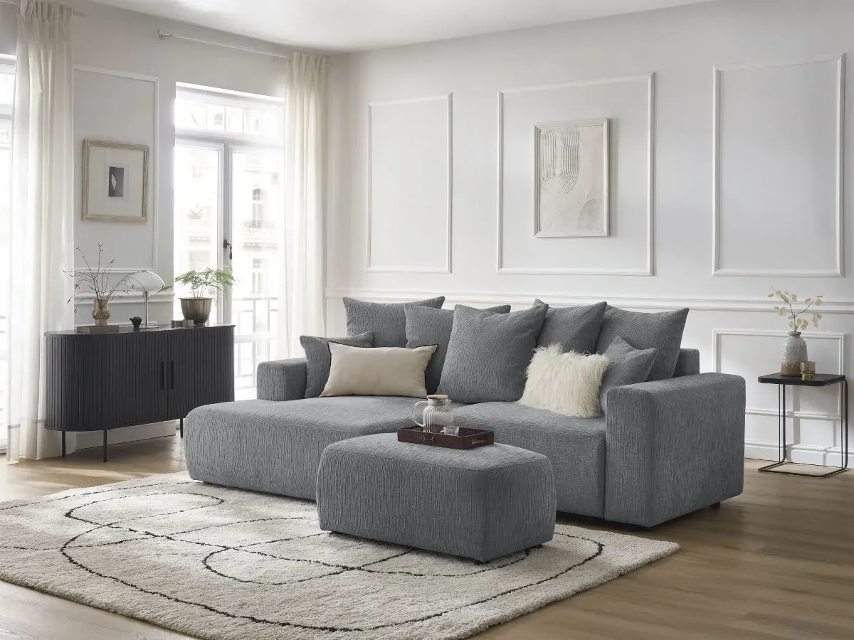 Canapé d'angle convertible coffre ATILLA tissu texturé avec pouf gris foncé  angle gauche BOBOCHIC 5 places