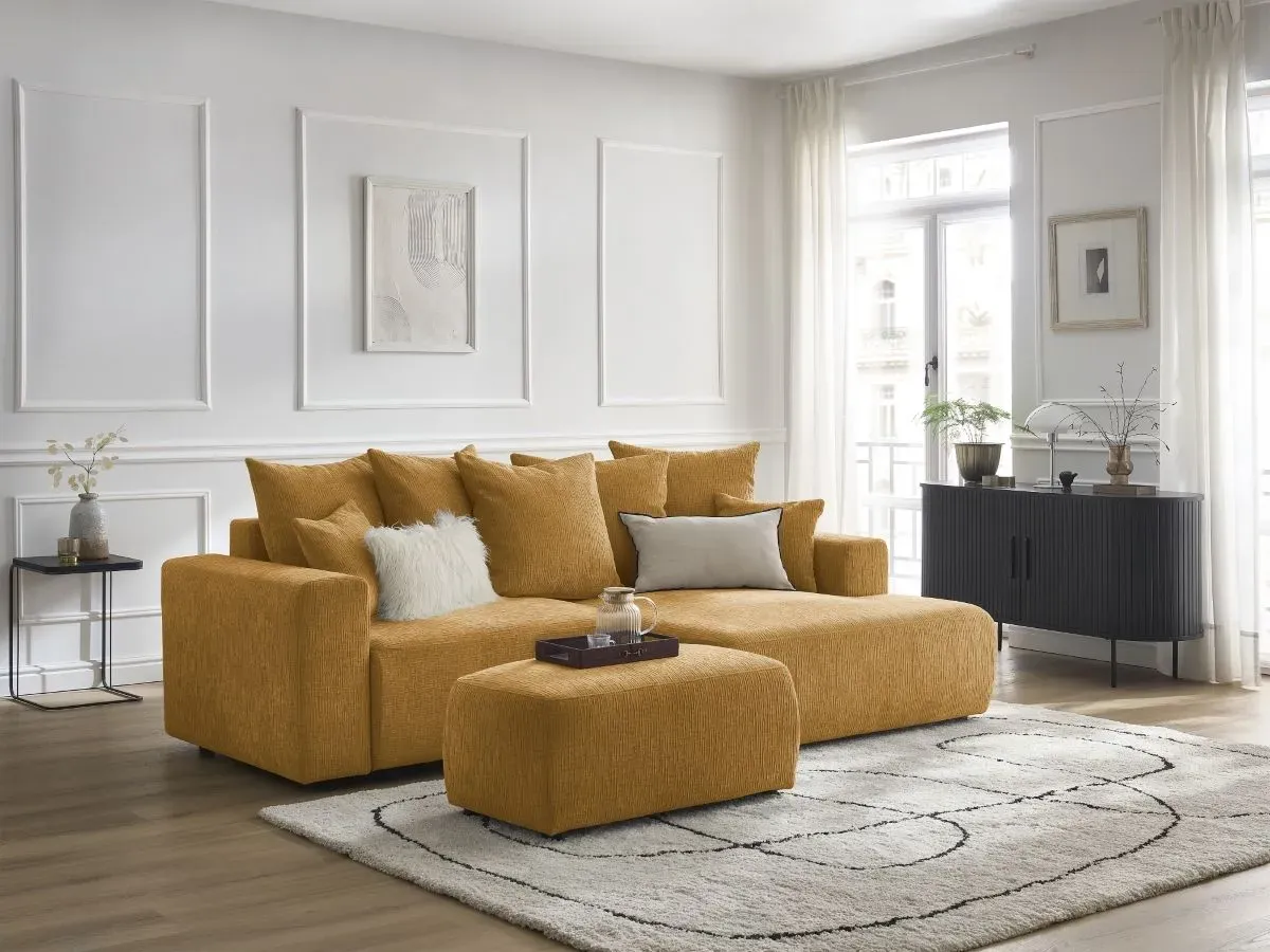 Canapé d'angle convertible coffre ATILLA tissu texturé avec pouf jaune  angle droit BOBOCHIC 5 places