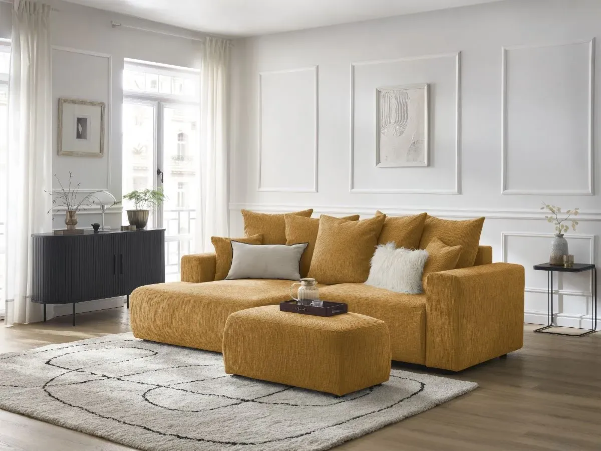 Canapé d'angle convertible coffre ATILLA tissu texturé avec pouf jaune  angle gauche BOBOCHIC 5 places