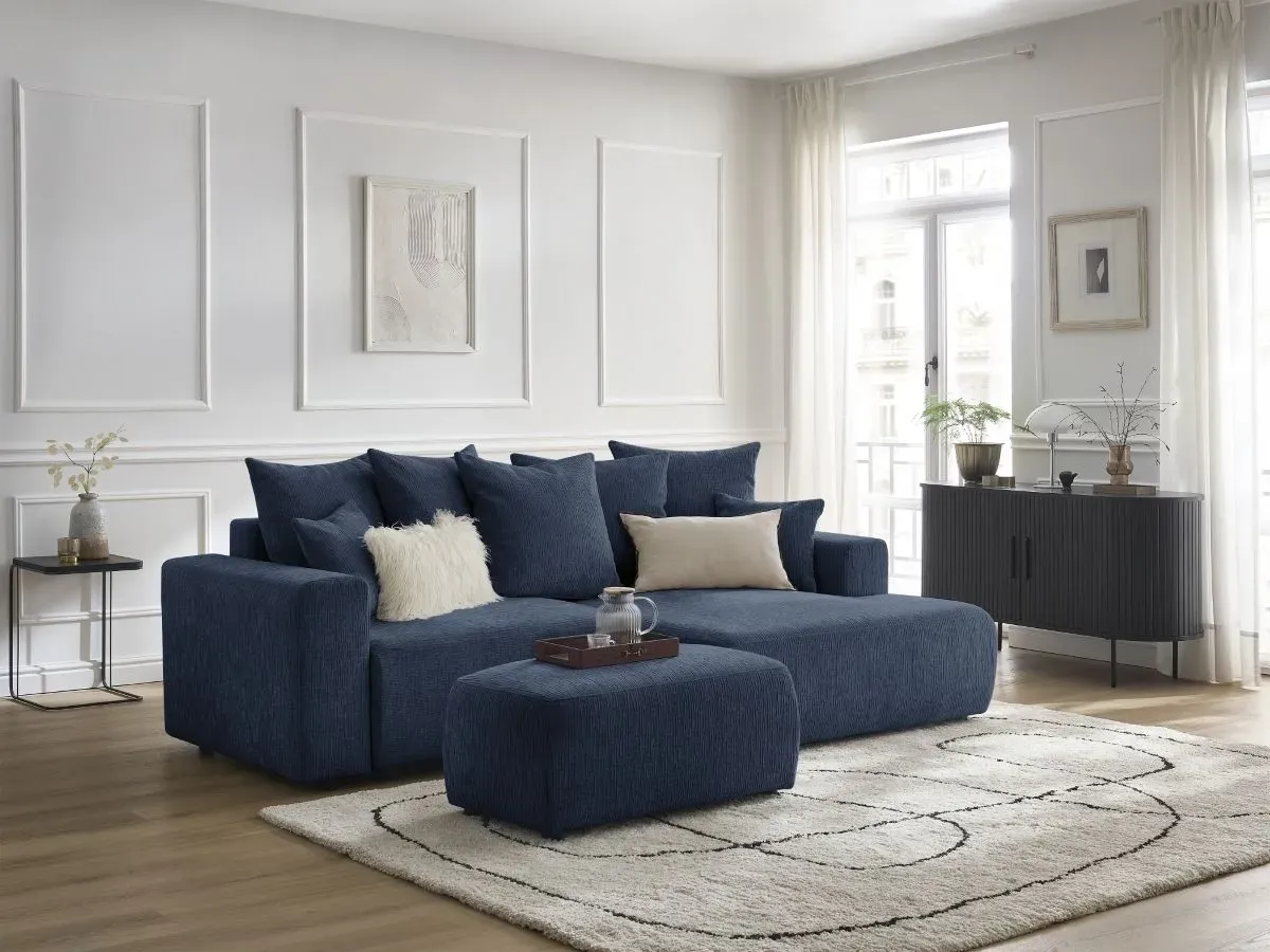 Canapé d'angle convertible coffre ATILLA tissu texturé avec pouf bleu foncé  angle droit BOBOCHIC 5 places