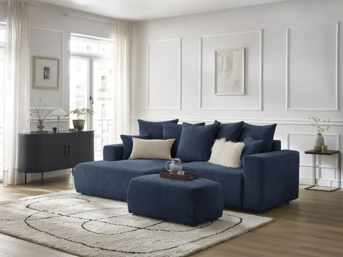 Canapé d'angle convertible coffre ATILLA tissu texturé avec pouf bleu foncé  angle gauche BOBOCHIC 5 places