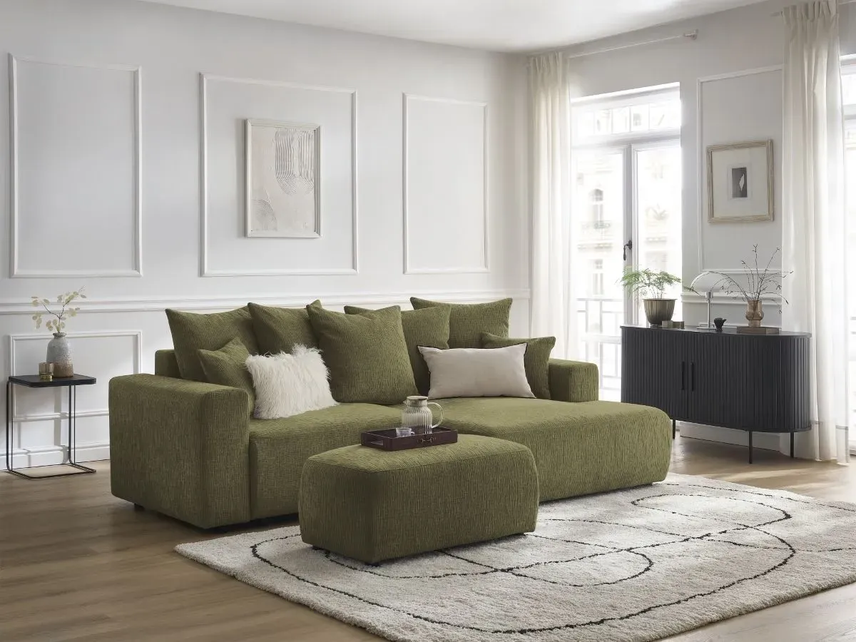 Canapé d'angle convertible coffre ATILLA tissu texturé avec pouf vert  angle droit BOBOCHIC 5 places