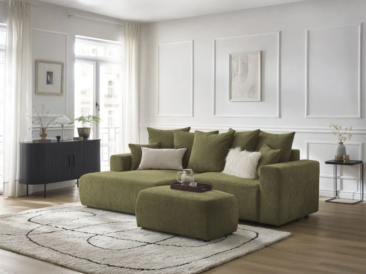 Canapé d'angle convertible coffre ATILLA tissu texturé avec pouf vert  angle gauche BOBOCHIC 5 places