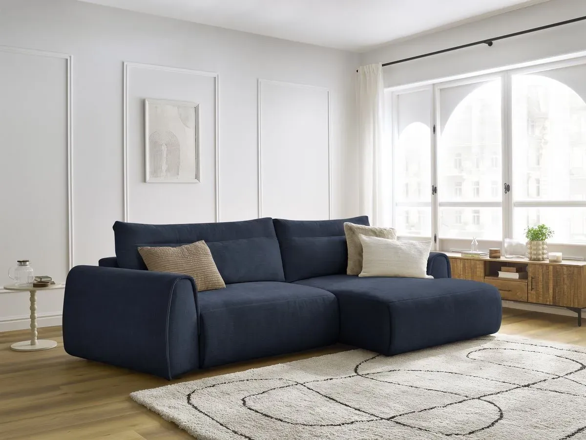 Canapé d'angle incurvé fixe ADEN bleu foncé  angle droit BOBOCHIC 3 places