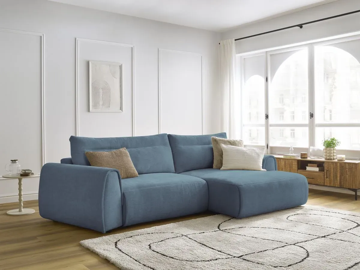 Canapé d'angle incurvé fixe ADEN bleu clair  angle droit BOBOCHIC 3 places