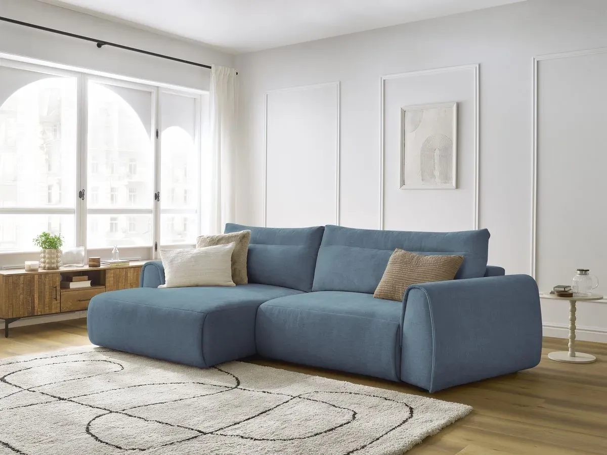 Canapé d'angle incurvé fixe ADEN bleu clair  angle gauche BOBOCHIC 3 places