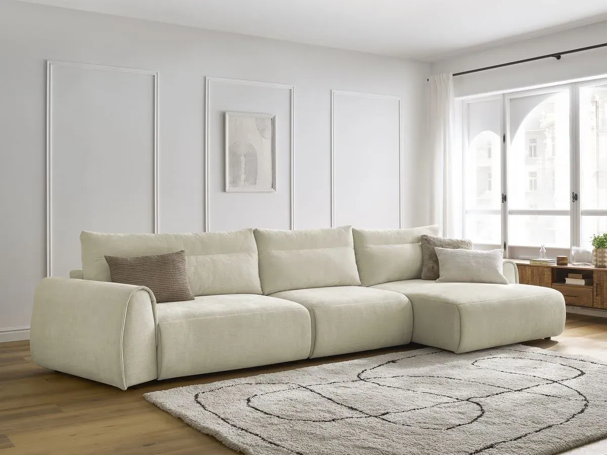 Canapé grand angle incurvé fixe ADEN beige  angle droit BOBOCHIC 4 places