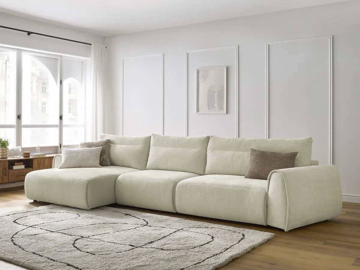 Canapé grand angle incurvé fixe ADEN beige  angle gauche BOBOCHIC 4 places