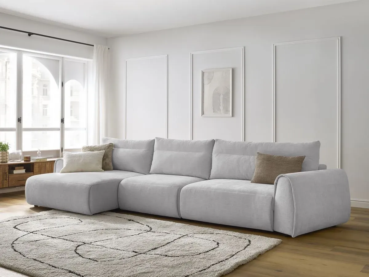 Canapé grand angle incurvé fixe ADEN gris clair  angle gauche BOBOCHIC 4 places