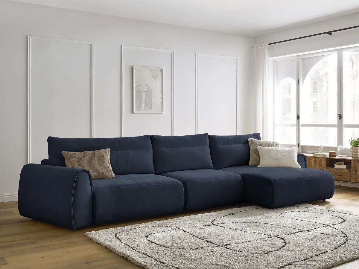 Canapé grand angle incurvé fixe ADEN bleu foncé  angle droit BOBOCHIC 4 places