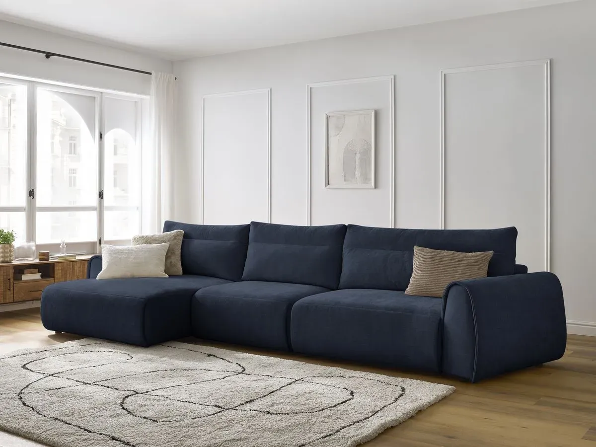 Canapé grand angle incurvé fixe ADEN bleu foncé  angle gauche BOBOCHIC 4 places