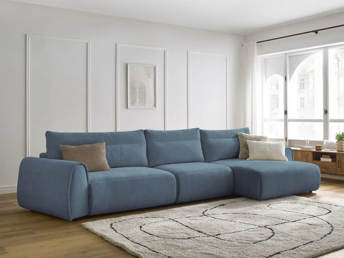 Canapé grand angle incurvé fixe ADEN bleu clair  angle droit BOBOCHIC 4 places