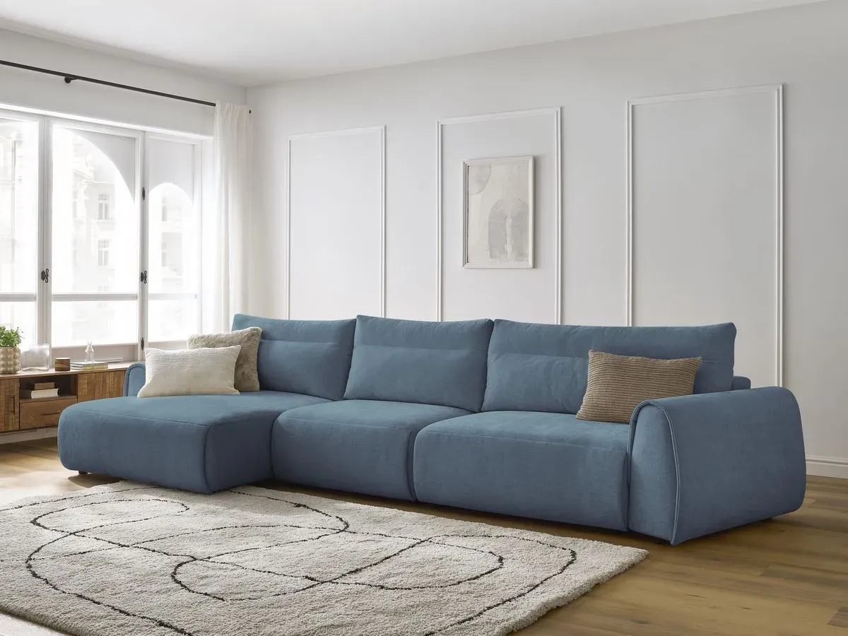 Canapé grand angle incurvé fixe ADEN bleu clair  angle gauche BOBOCHIC 4 places