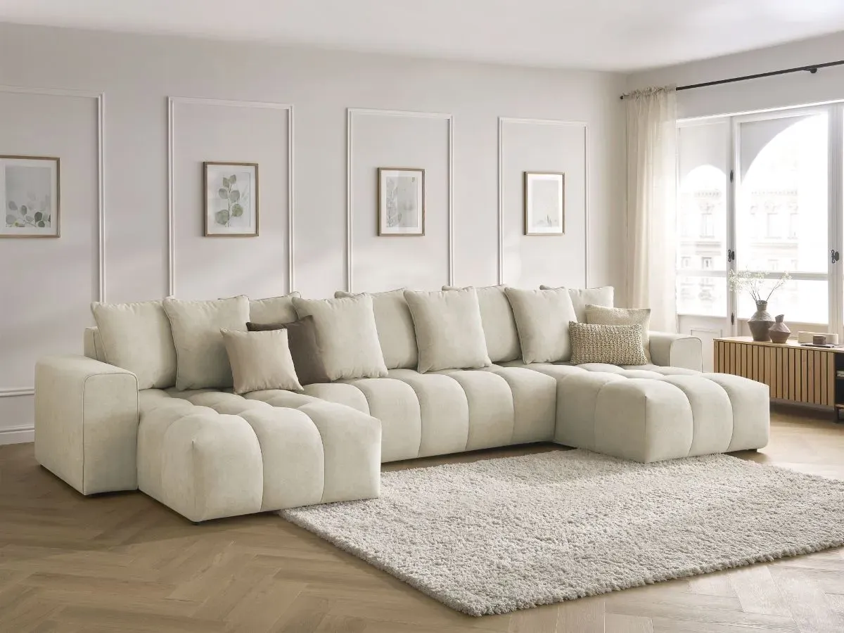 Canapé panoramique fixe MONT-BLANC velours beige   BOBOCHIC 5 places