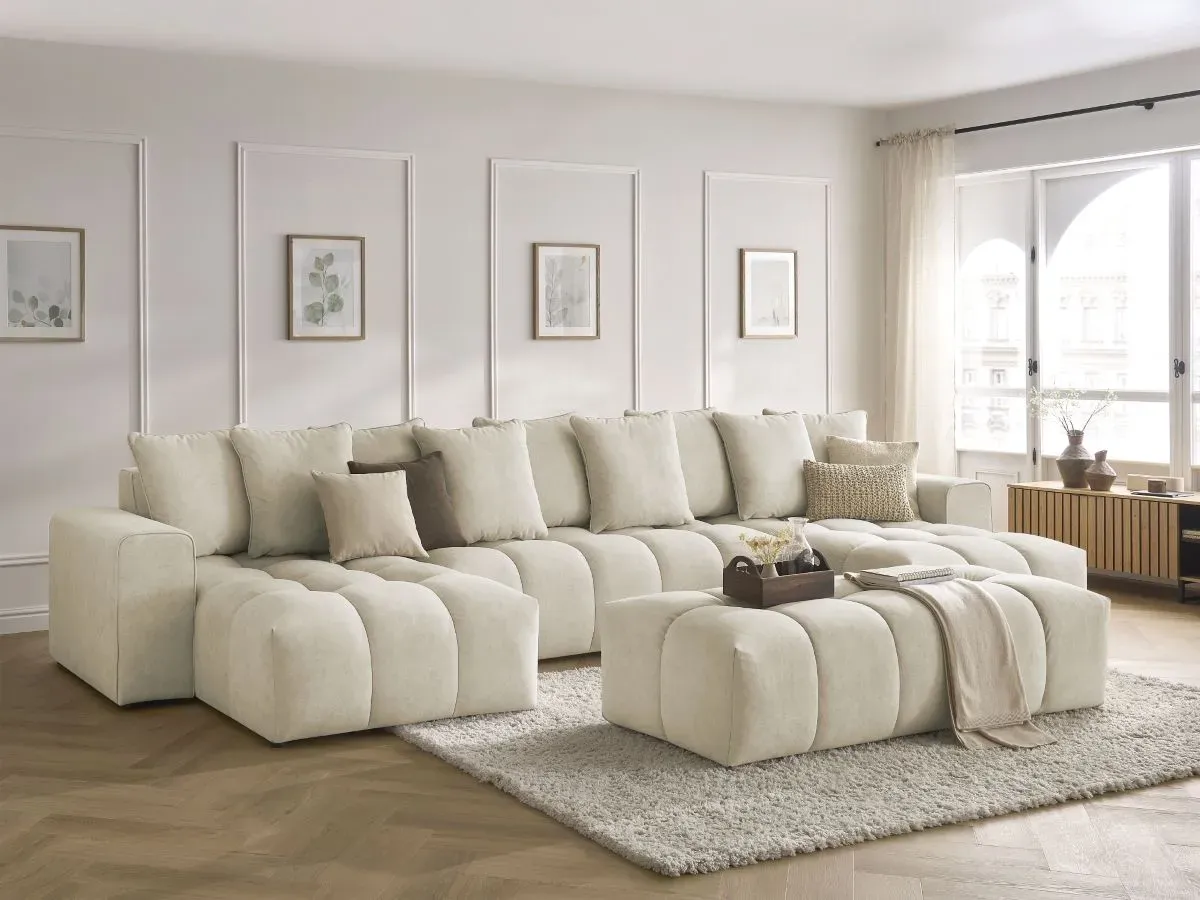 Canapé panoramique fixe MONT-BLANC velours avec pouf beige   BOBOCHIC 6 places