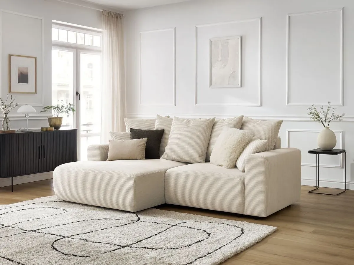 Canapé d'angle convertible coffre ATILLA velours côtelé beige  angle gauche BOBOCHIC 3 places