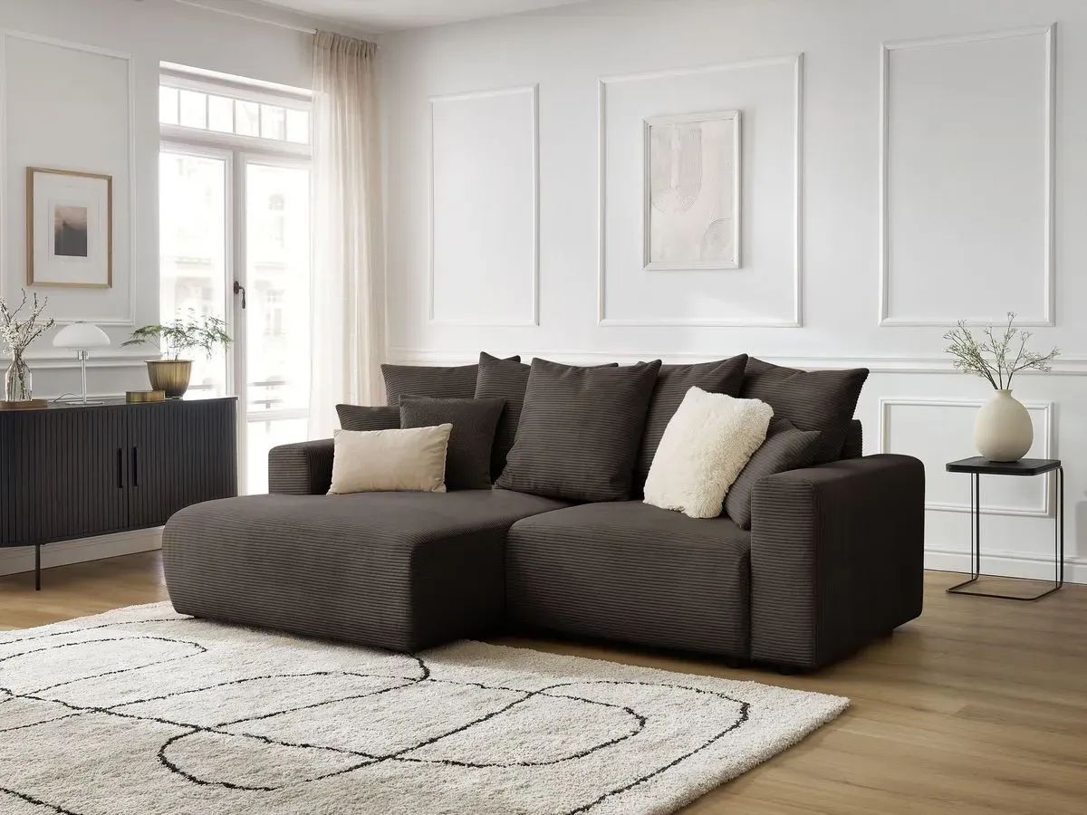 Canapé d'angle convertible coffre ATILLA velours côtelé taupe  angle gauche BOBOCHIC 3 places