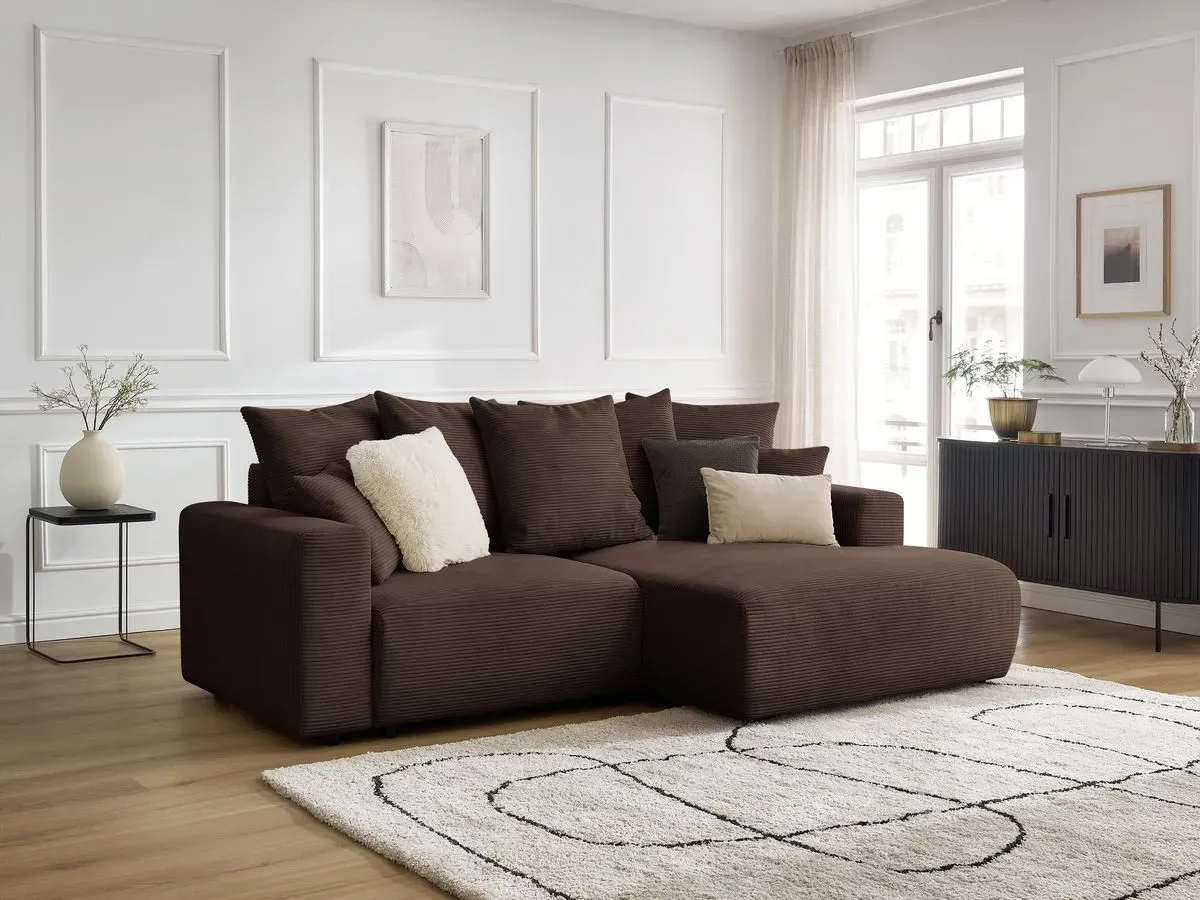 Canapé d'angle convertible coffre ATILLA velours côtelé marron  angle droit BOBOCHIC 3 places